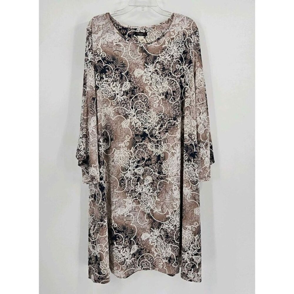 Cocomo Tunic Style Tan Blue Floral Print Split Bell Sleeve Stretch Dress Sz 2X
